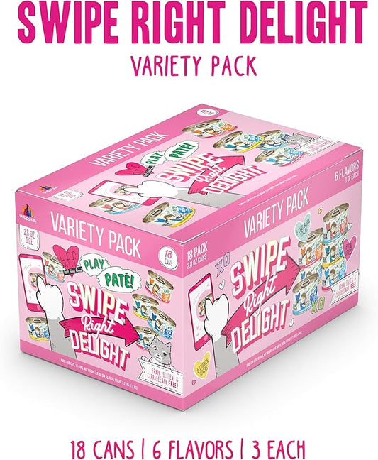 Weruva B.F.F. Play - Best Feline Friend Paté Lovers, Aw Yeah!, Swipe Right Delight Grain-Free Natural Wet Cat Food Variety Pack, 2.8oz Can (Pack of 18)