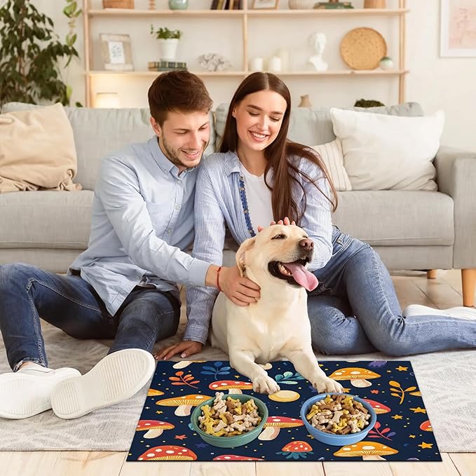 Mushroom Dog Food Mat for Floors Absorbent Dog Bowl Mat for Food and Water Dispenser Quick Dry Cat Food Placemat Pet Supplies 16" x 24", Leaf Star