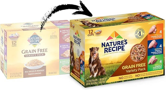 Nature's Recipe Grain Free Chicken Recipe, Chicken & Venison Recipe and Chicken & Duck Recipe in Savory Broth Variety Pack Wet Dog Food, 12-2.75 oz. Cups, 2 Count (Pack of 2)