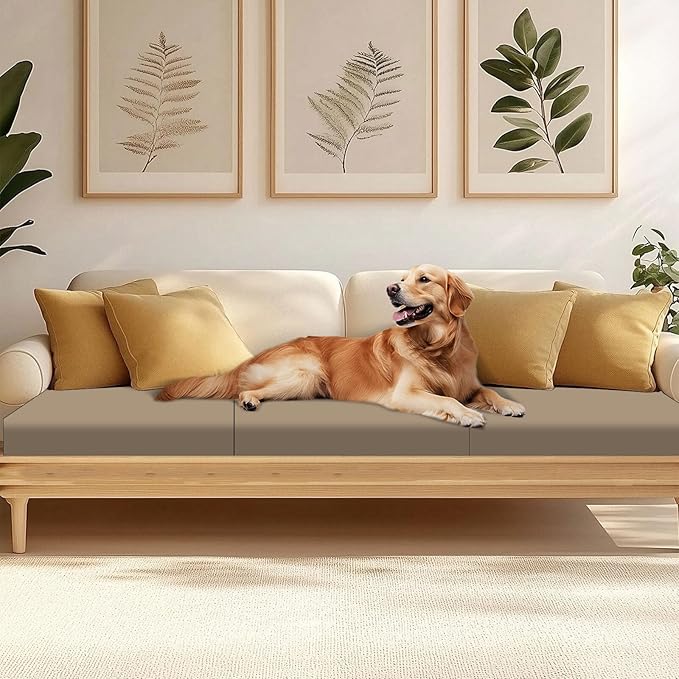 HANDONTIME 8Pcs Patio Cushion Covers Stretch Outdoor Couch Cover Replacement Cushions for Outdoor Furniture Waterproof Patio Furniture Cover for Pets Sofa Covers Washable (Khaki,Cover Only)