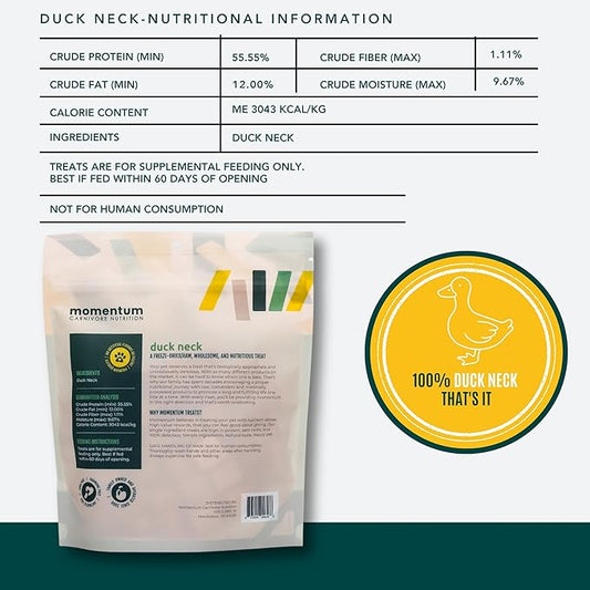 Momentum Carnivore Nutrition Freeze-Dried Duck Neck Dog Treats & Cat Treats β Single-Ingredient, High-Protein, Grain-Free, Natural Crunchy Chew β Made in USA β 3 oz Bag
