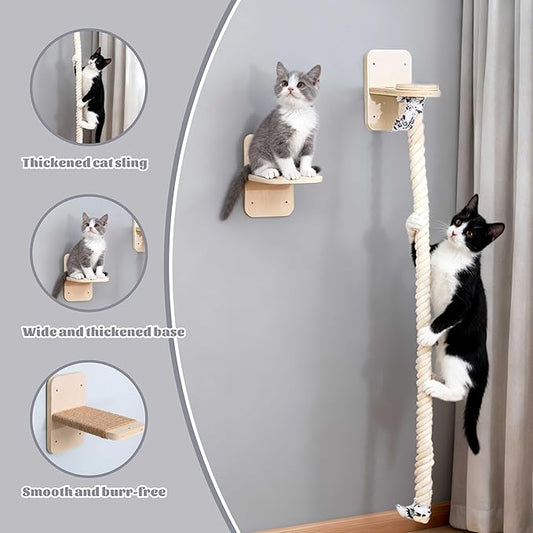 Wall Mounted Cat Climbing Rope with Platforms - 2 * 59.1 Inch Vertical Cat Tower and Scratching Post, Space Saving Cat Wall Furniture for Indoor Cats to Climb, Play and Perch,Cat Tree