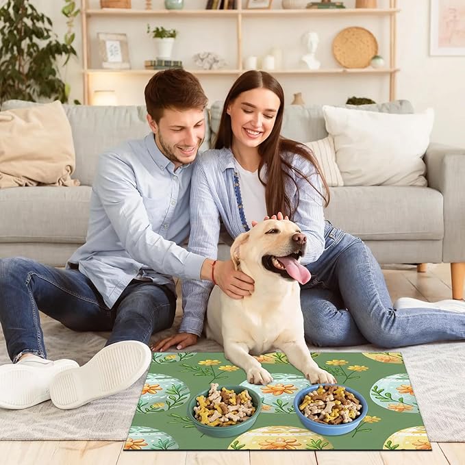 Happy Easter Dog Food Mat for Floors Absorbent Dog Bowl Mat for Food and Water Dispenser Quick Dry Cat Food Placemat Pet Supplies 16" x 24", Floral Eggs