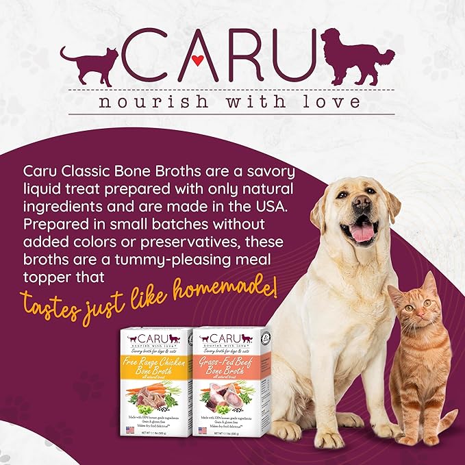 Caru - Classics Grass-Fed Beef Bone Broth and Classics Free Range Chicken Bone Broth - Healthy Functional Food Topper for Dogs & Cats - 6 Pack - Variety Pack