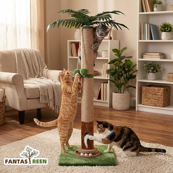 Cat Scratching Post 35'' Tall Cat Scratcher, Scratching Posts for Indoor Cats with Cat Toy Mouse, Interactive Wooden Track Ball for Kittens Adults Cats