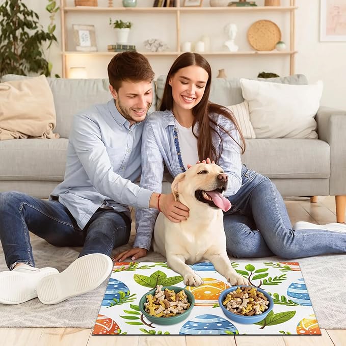 Happy Easter Dog Food Mat for Floors Absorbent Dog Bowl Mat for Food and Water Dispenser Quick Dry Cat Food Placemat Pet Supplies 12" x 20", Green Plant