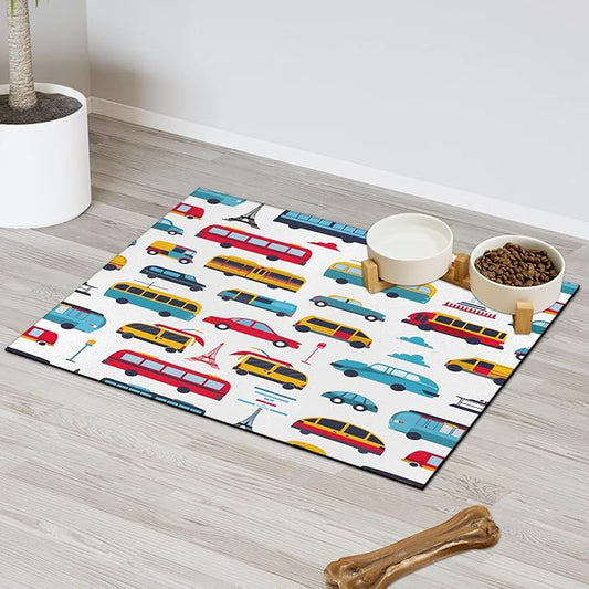 Cartoon Car Dog Food Mat for Floors Absorbent, Quick Dry Water Dispenser Mat for Food, Water, Pet Supplies 24" x 32", Cute Transportation