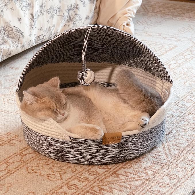 CHEERPALS Cat Basket Bed for Indoor Cats, Covered Pet Bed with Washable Cushion and Ball Rope Cotton Bed for Medium and Large Cat, All Season Universal(Blue)