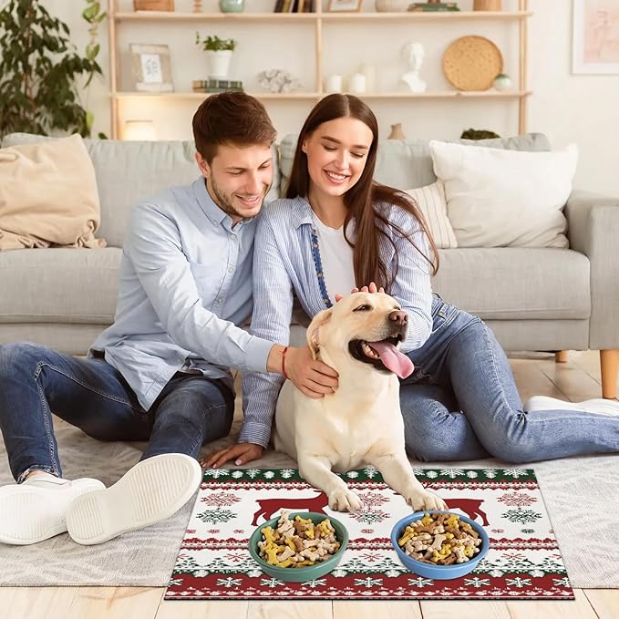 Christmas Elk Dog Food Mat for Floors Absorbent, Quick Dry Water Dispenser Mat for Food, Water, Pet Supplies 17" x 30", Xmas