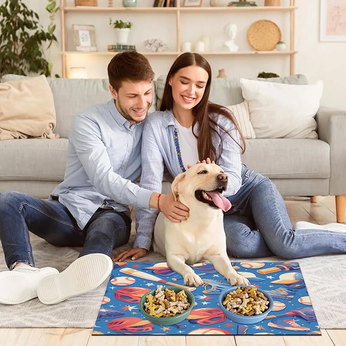Baseball Dog Food Mat for Floors Absorbent, Quick Dry Water Dispenser Mat for Food, Water, Pet Supplies 24" x 32", Sport