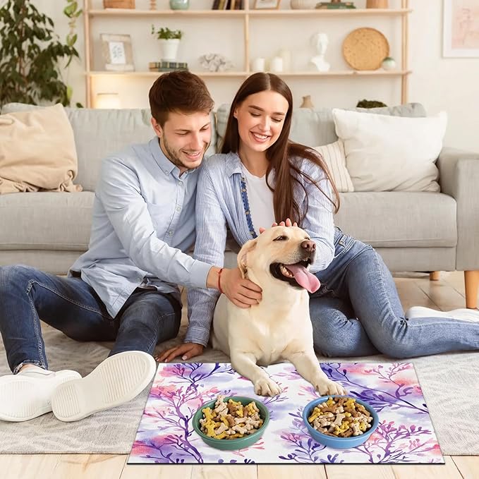 Coastal Dog Food Mat for Floors Absorbent Dog Bowl Mat for Food and Water Dispenser Quick Dry Cat Food Placemat Pet Supplies 24" x 32", Watercolor Coral