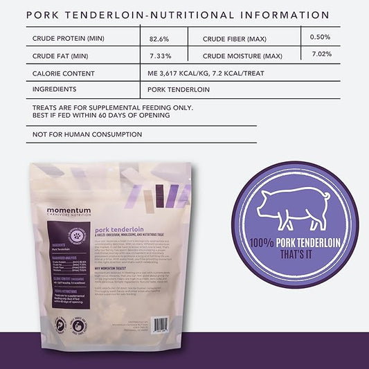 Momentum Carnivore Nutrition Freeze-Dried Pork Tenderloin Dog Treats & Cat Treats β Single-Ingredient, High-Protein, Grain-Free, Lean & Naturally Tender β Made in USA β 3.5 oz Bag