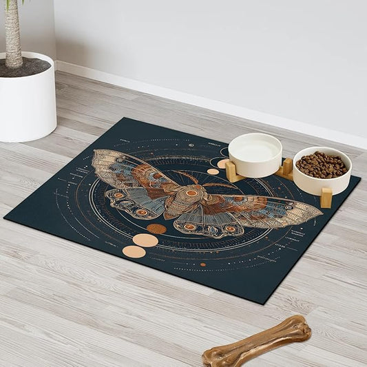 Boho Butterfly Dog Food Mat for Floors Absorbent, Quick Dry Water Dispenser Mat for Food, Water, Pet Supplies 16" x 24", Sun Moon