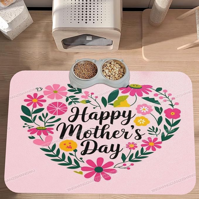 Pet Feeding Mat for Floors Waterproof Dog Mat for Food and Water Happy Mother's Day Floral Gift Mom W Absorbent Quick Dry Non Slip Mats Cat Bowls 18X12In