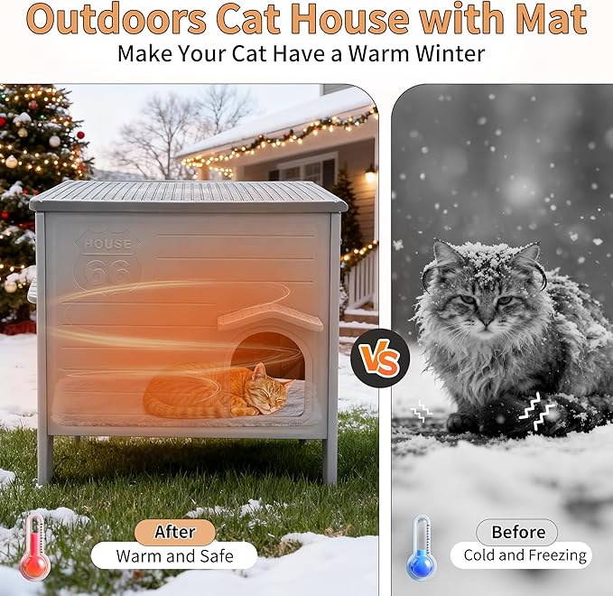 Plastic Cat House with Insulated Liner for Winter, Cat Houses with Escape Door, Waterproof Outdoor Cat House for Feral Cats, Outside Cat Shelter for Small Pet, Assemble Easily