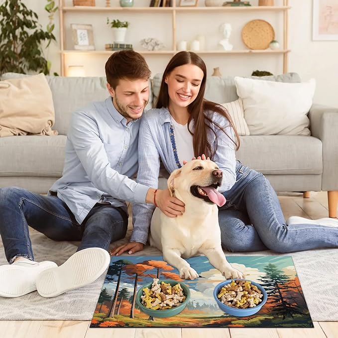 Autumn Forest Dog Food Mat for Floors Absorbent, Quick Dry Water Dispenser Mat for Food, Water, Pet Supplies 17" x 30", Thanksgiving Harvest