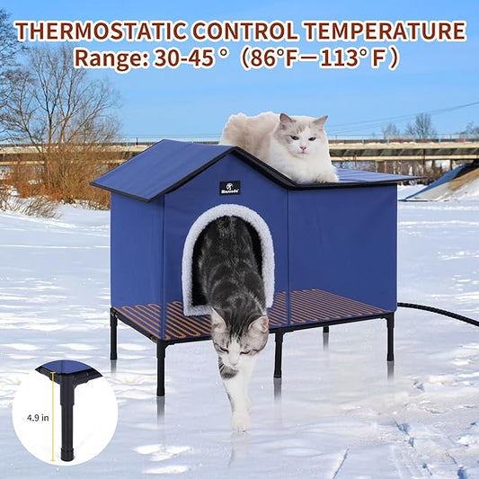 Large Heated Cat Houses for Outdoor Cats in Winter, Heated cat House for Indoor and Kitty Shelter for Your Pet to Stay Warm and Cozy,Easy to Assemble. (Dark Blue, Large)