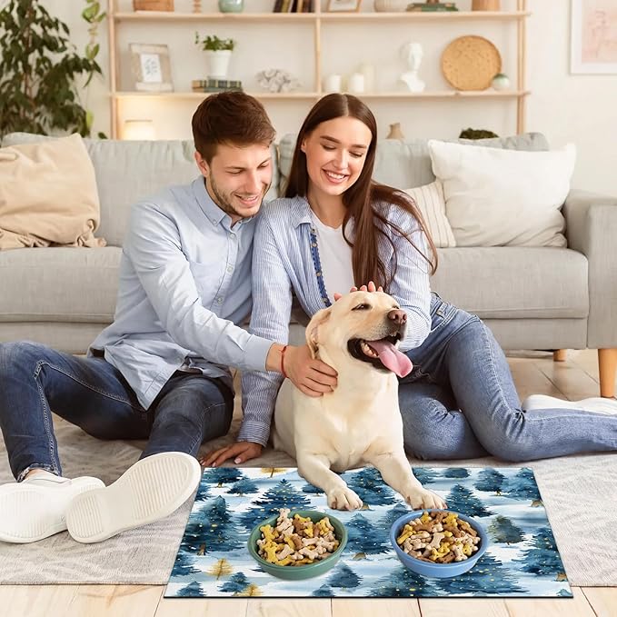 Winter Forest Dog Food Mat for Floors Absorbent, Quick Dry Water Dispenser Mat for Food, Water, Pet Supplies 12" x 20", Tree