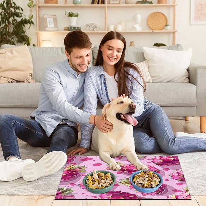 Dragon Fruit Dog Food Mat for Floors Absorbent Dog Bowl Mat for Food and Water Dispenser Quick Dry Cat Food Placemat Pet Supplies 24" x 32", Summer Fruits