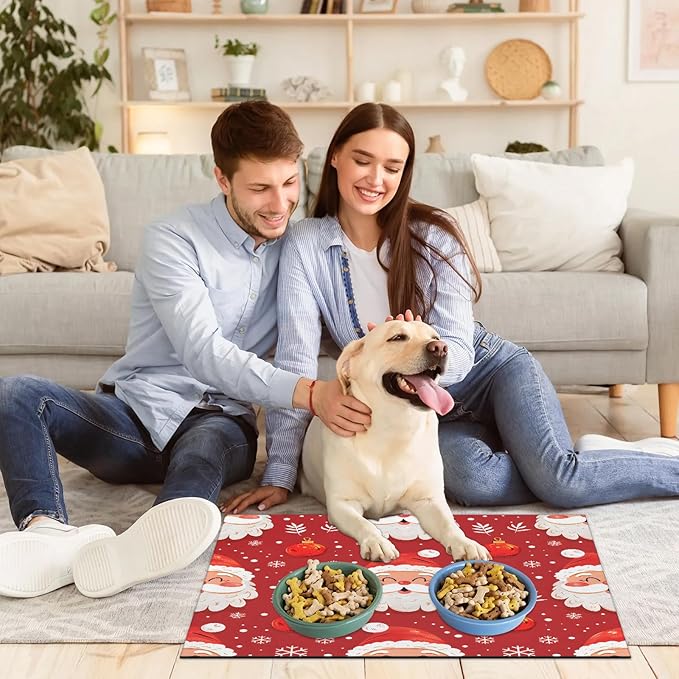 Santa Claus Dog Food Mat for Floors Absorbent, Quick Dry Water Dispenser Mat for Food, Water, Pet Supplies 12" x 20", Winter Snowflake