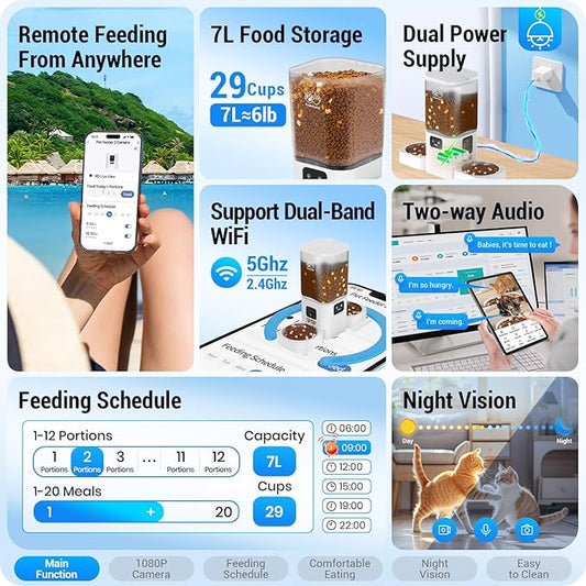 Dual Automatic Cat Feeder with Camera for 2 Cats: 5G WiFi Automatic Dog Feeder with Night Vision, 7L Auto Cat Food Dispenser with Two Camera for Multiple Pet, Easy to Clean-29 Cup(ACF180W-A)