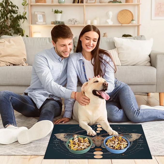 Boho Butterfly Dog Food Mat for Floors Absorbent, Quick Dry Water Dispenser Mat for Food, Water, Pet Supplies 16" x 24", Sun Moon