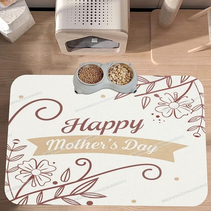 Dog Food Mat Happy Mother's Day Floral Gift for Mom Fy Absorbent Water Bowl Mats Cat Pet Feeding Placemats 24x16In
