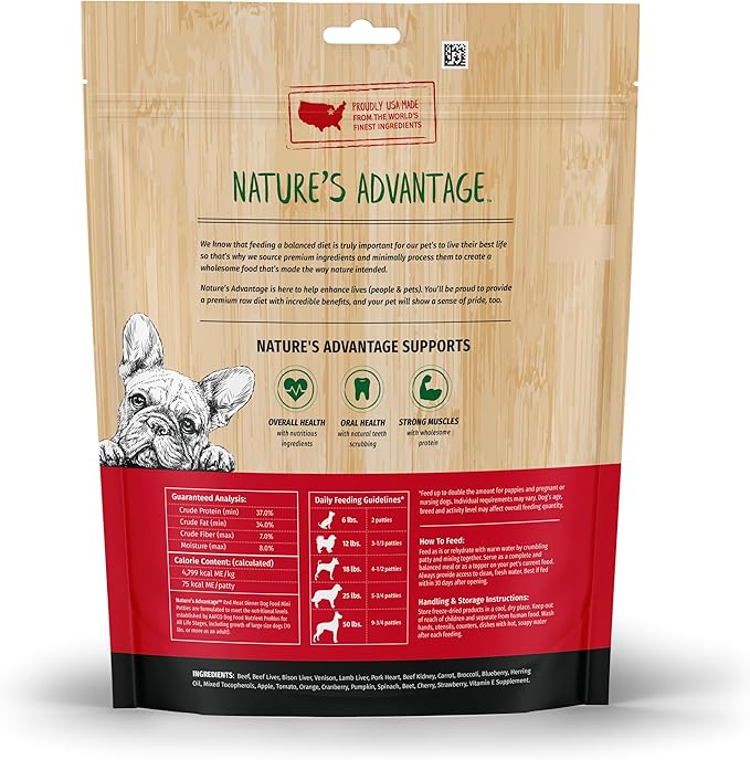 Nature's Advantage Freeze-Dried Raw Red Meat Dinner Dog Food Mini Patties, 14 oz | Beef, Venison, Fruits, Veggies | Grain Free, High Protein Nutrition