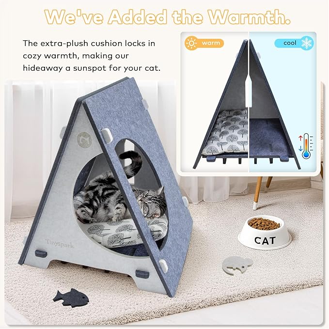 Triangle Cat Tent with Removable Pad, Enclosed Pet Bed & Hideaway for Small Cats, Includes 4 Felt Toys, Portable Gray Beige House, 17.7" L x 18.5" W x 20.5" H