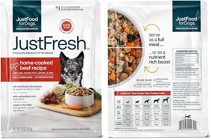 JustFoodForDogs JustFresh Wet Dog Food, Fresh Pet Meals and Toppers with No Preservatives, Resealable Package, Human Grade, Home-Cooked Beef & Chicken, 12 oz - 8 Pack
