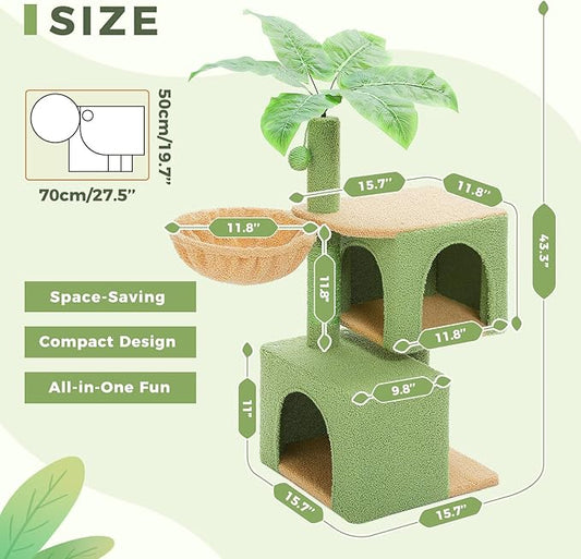 Green Cat Tree for Indoor Cats, 43" Small Cat Tower with Realistic Leaves, Scratching Posts, Dual Condos and Cozy Hammocks, Kitten Activity Center with Dangling Ball