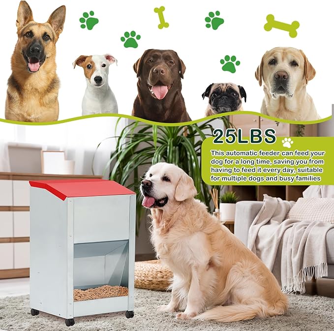 25 lb Automatic Dog Feeder for Large Breed with Wheels Galvanized Gravity Dog Food Dispenser Outdoor Pet Self Feeding, Easy to Move with Rolling Wheels