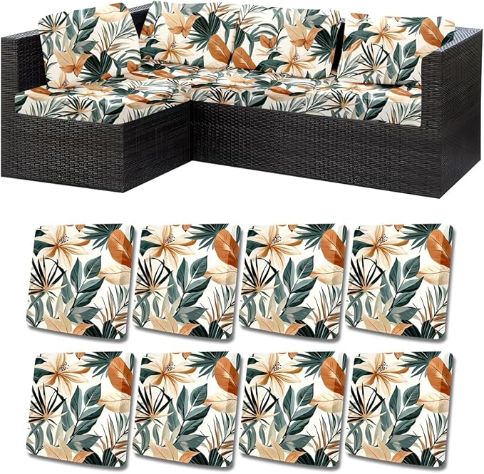 HANDONTIME 8Pcs Outdoor Patio Cushion Covers Modern Plants Stretch Couch Cushion Cover Patio Couch Slipcover for Outdoor/Indoor Washable Non-Slip Furniture Protector for Pet (Dark Green, Cover Only)