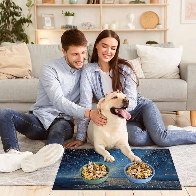 Ocean Beach Dog Food Mat for Floors Absorbent, Quick Dry Water Dispenser Mat for Food, Water, Pet Supplies 12" x 20", Galaxy Star