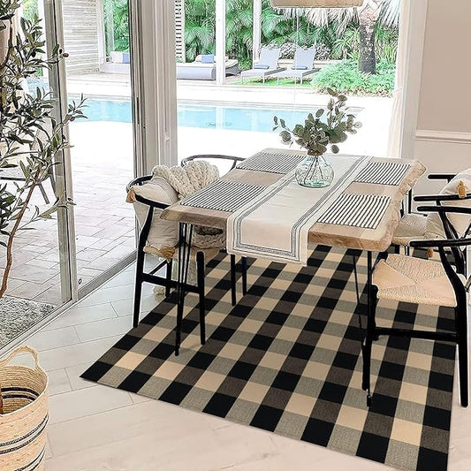 KOZYFLY Buffalo Plaid Area Rug 5 x 7 Ft Brown and Black Checkered Rug Washable Outdoor Patio Rugs Cotton Rugs for Living Room Carpet for Dining Room Bedroom Farmhouse