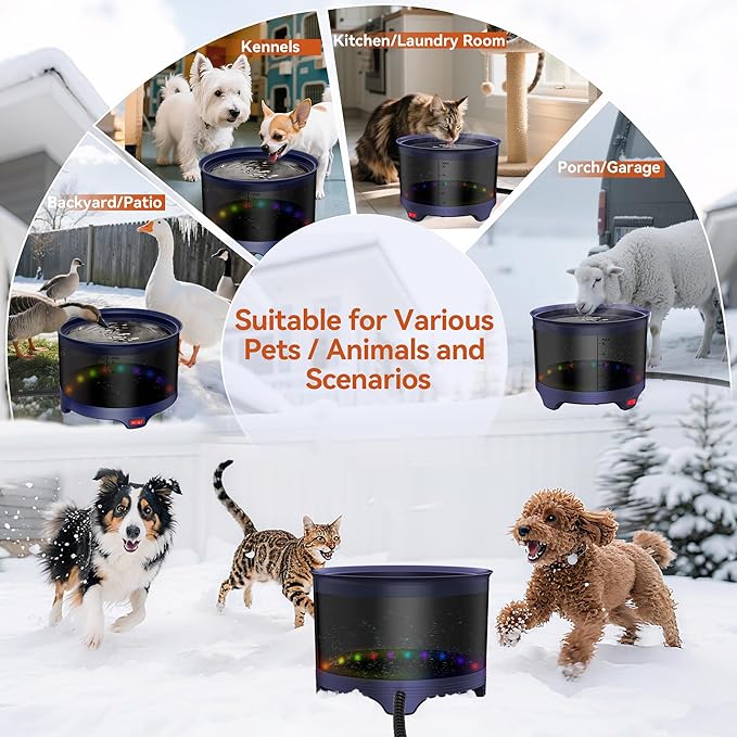 5.5L Heated Water Bowl, 1.45Gal Large Heated Dog Bowls for Outside, Outdoor Winter Waterproof Heat Pet Water Bowl with Chew Resistant Power Cord & LED Neon for Dog/Cat/Chicken/Duck/Rabbit
