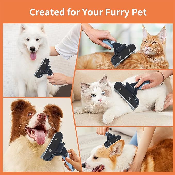 Pet Deshedding Tool, Self Cleaning Pet Grooming Rake, Deshedding Hair Brush with Stainless Steel Teeth and Rubber Handle, for Dog Cat Short Medium and Long Pet Hair (Large)