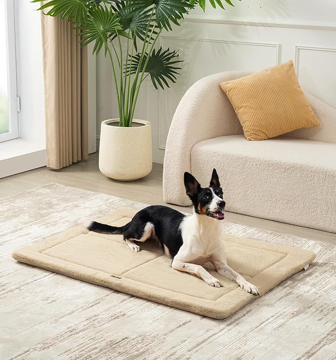 Made4Pets Dog Crate Pad Bed for Large Dogs, Washable & Reversible, Anti-Slip Kennel Mat for Cozy Sleeping, Soft Fluffy Dog Bed for Indoor & Outdoor Use, 44"x32", Beige