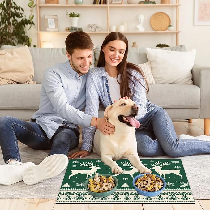 Xmas Deer Dog Food Mat for Floors Absorbent, Quick Dry Water Dispenser Mat for Food, Water, Pet Supplies 12" x 20", Snowflake Tree