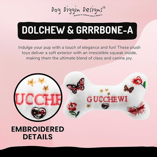 Dog Diggin Designs Gucchewi Butterfly Plush Dog Toy Bone | Luxury-Inspired Parody Designer Bone with Squeaker, Soft Plush Chew & Play Dog Toy – Prêt-à-Porter Play!