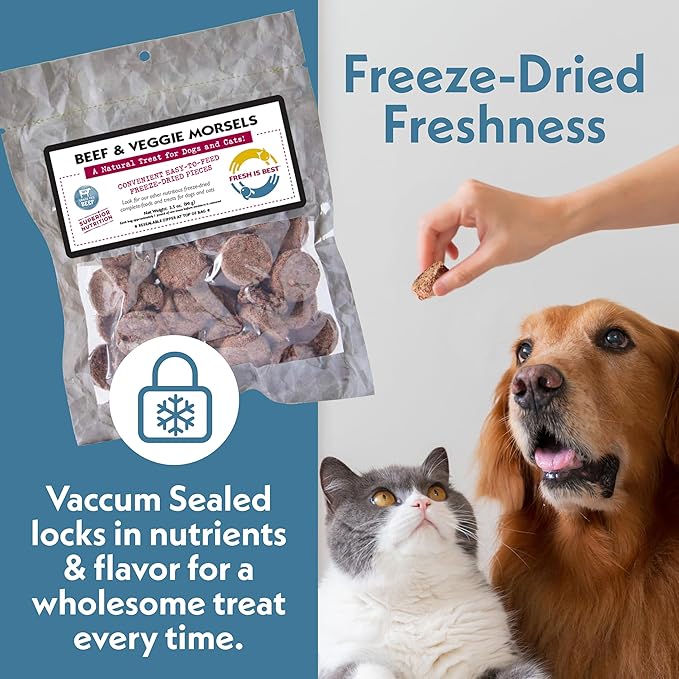 Fresh Is Best Freeze Dried Dog Treats – Raw Freeze Dried Dog Food for Cats & Canines – Training Treat in Resealable Zipper Bag – High-Protein Beef & Veggie Morsels – Made in The USA