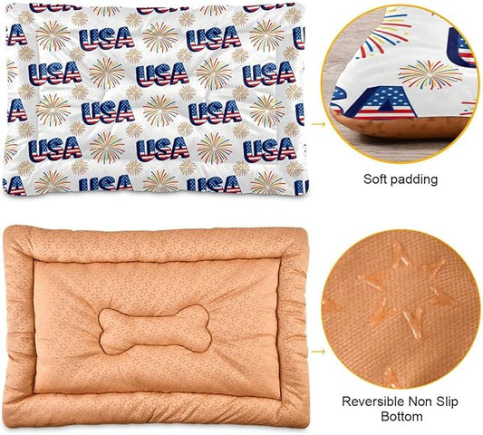 Dog Bed for Crate Washable Pet Sleep Pad, Independence Day Elements Kennel Mat with Non-Slip Bottom, Soft Fluffy Supplies Pet for Dogs and Cats (24x18 inch)