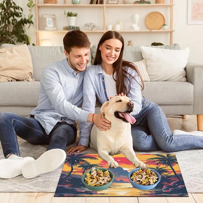 Coastal Sunset Dog Food Mat for Floors Absorbent, Quick Dry Water Dispenser Mat for Food, Water, Pet Supplies 16" x 24", Palm Tree