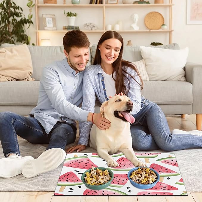 Watermelon Dog Food Mat for Floors Absorbent Dog Bowl Mat for Food and Water Dispenser Quick Dry Cat Food Placemat Pet Supplies 24" x 32", Fruit Slices