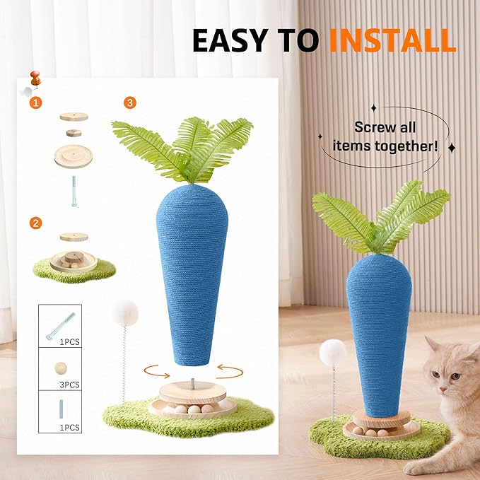 Cute Cat Scratching Post, Carrot Cat Scratcher Post with Durable Natural Wooden Turntable Toy and Catnip, 24'â H Blue Carrot Shape Design Sisal Cat Tree Sisal Scratcher for Indoor Cats (Cloud Base)