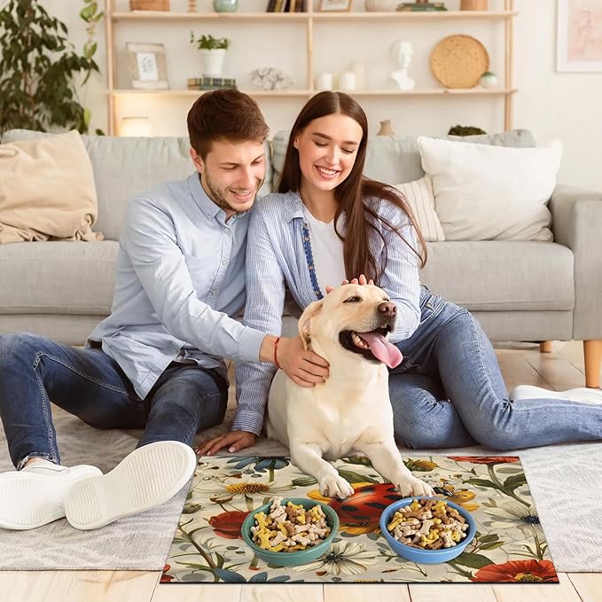 Cute Ladybird Dog Food Mat for Floors Absorbent, Quick Dry Water Dispenser Mat for Food, Water, Pet Supplies 24" x 32", Daisy Flower