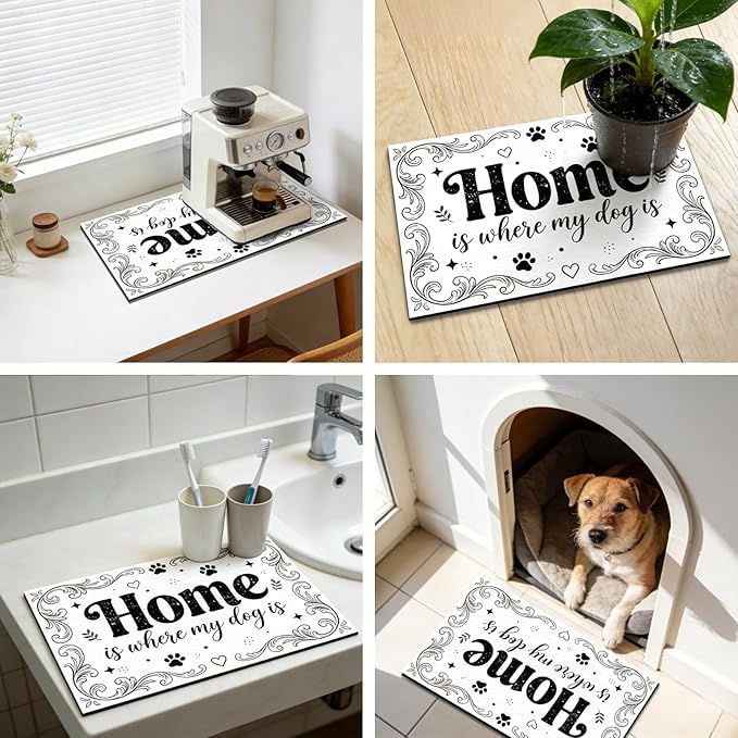 GLOBLELAND Home Prints Pet Food Mat for Floors 11.8×20 inch Home is Where My Dog is Dogs Food Mats Absorbent Dog Bowl Mat Quick Dry Dog Cat Pet Placemats Pets Supplies for Water Dispenser