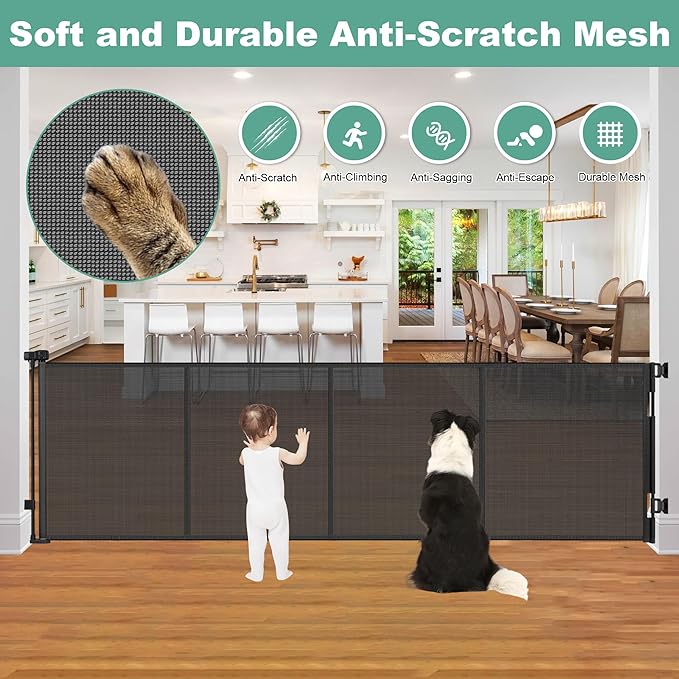 Reinforced 195 Inch Retractable Baby Gates Extra Wide Dog Gate with Support Rods – Prevent Crawling Under, 16ft Wide Retractable Fence Outdoor Retractable Gate Indoor Long Gates for Kids or Pets/Black