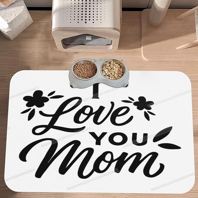Non Slip Mat for Dog Pet Cat Dog Food Mats Happy Mother's Day I Love You Mom Gift Water Bowl Mat Quick Dry Absorbent Cat Feeding Mats 18X12In