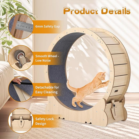 Cat Exercise Wheel for Indoor Cats, 35.4" Cat Running Wheels, Cats Treadmill Wheel with Locking Mechanism & Detachable Carpet, Ideal for Most Pets Weight Loss and Health
